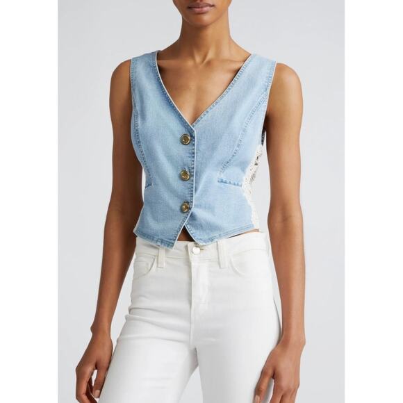 Ramy Brook Ellis Lace Panel Denim Vest Blue Cotton Size 4 NWT Boho Waistcoat